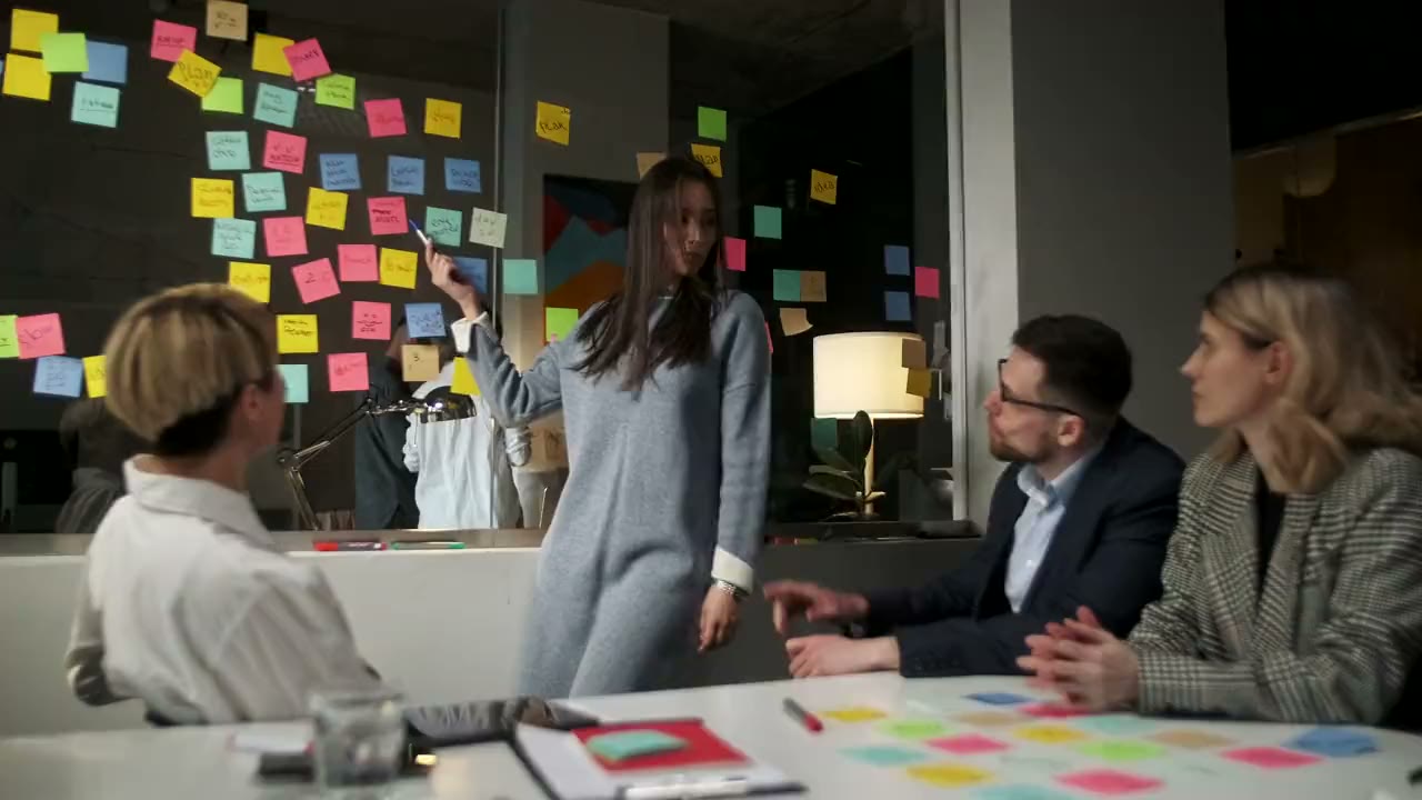 A team planning a project around a table, in front of a wall of sticky notes